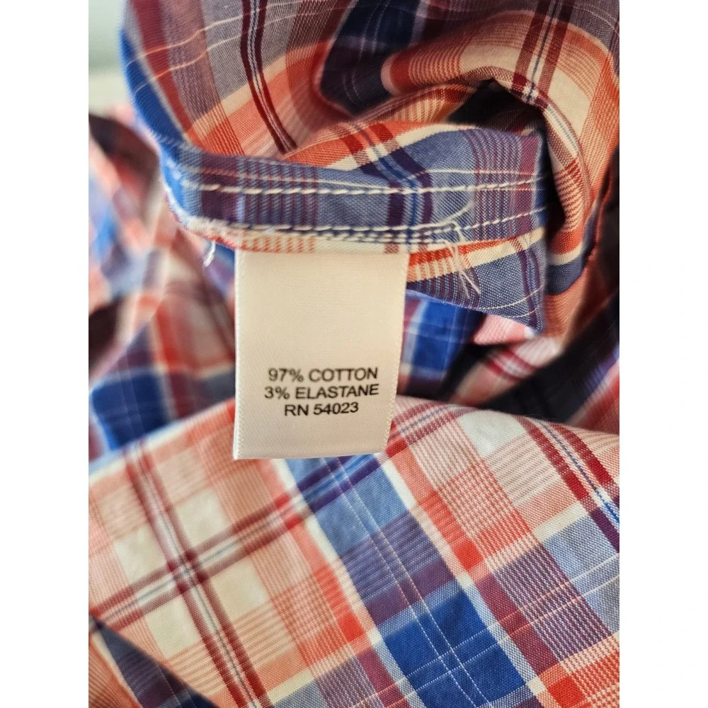 Western Banana Republic Plaid Shirt Mens Large Orange Blue Slim Fit Snap Front